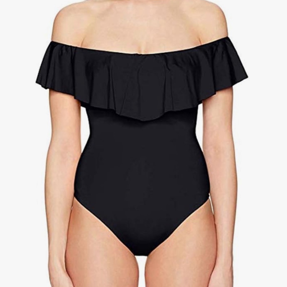 Trina Turk Black Off-Shoulder Ruffle One-Piece Swimsuit